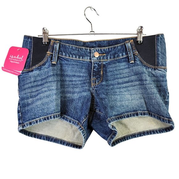 Womens Isabel Maternity Side Panel MIDI Blue Denim Jean Shorts 4” inseam Size 4 - Picture 1 of 9